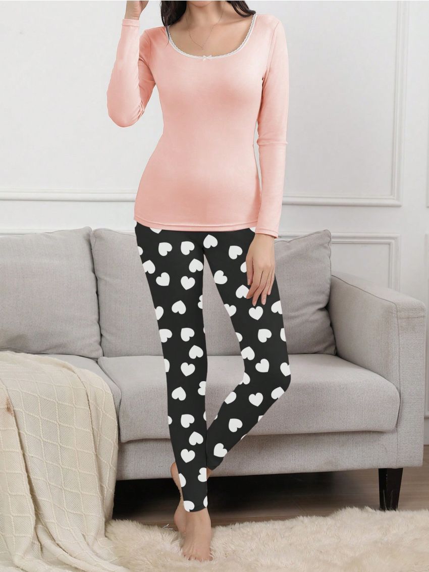 Lace Trim Tee & Heart Print Pants Thermal Underwear Set