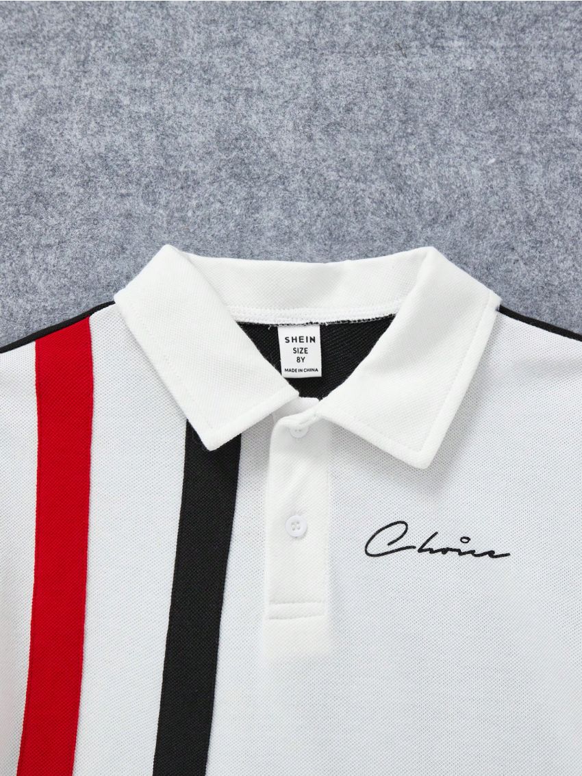 SHEIN Tween Boys' Casual Comfortable Color Block Polo Shirt With Letter Print