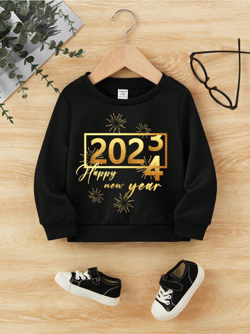 Baby Boys' Casual Fleece Lined Round Neck Sweatshirt With New Year Slogan Print