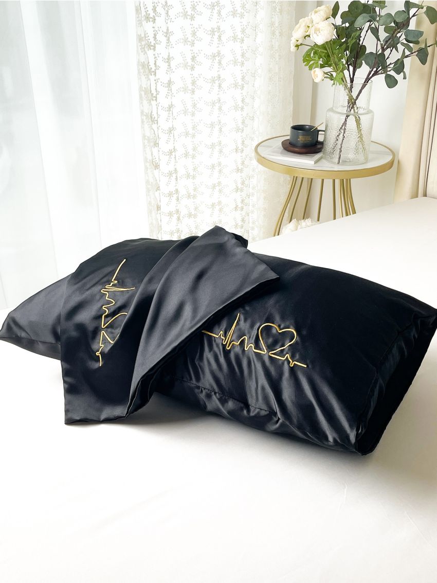 1pair Heart Embroidered Satin Pillowcase Without Filler
