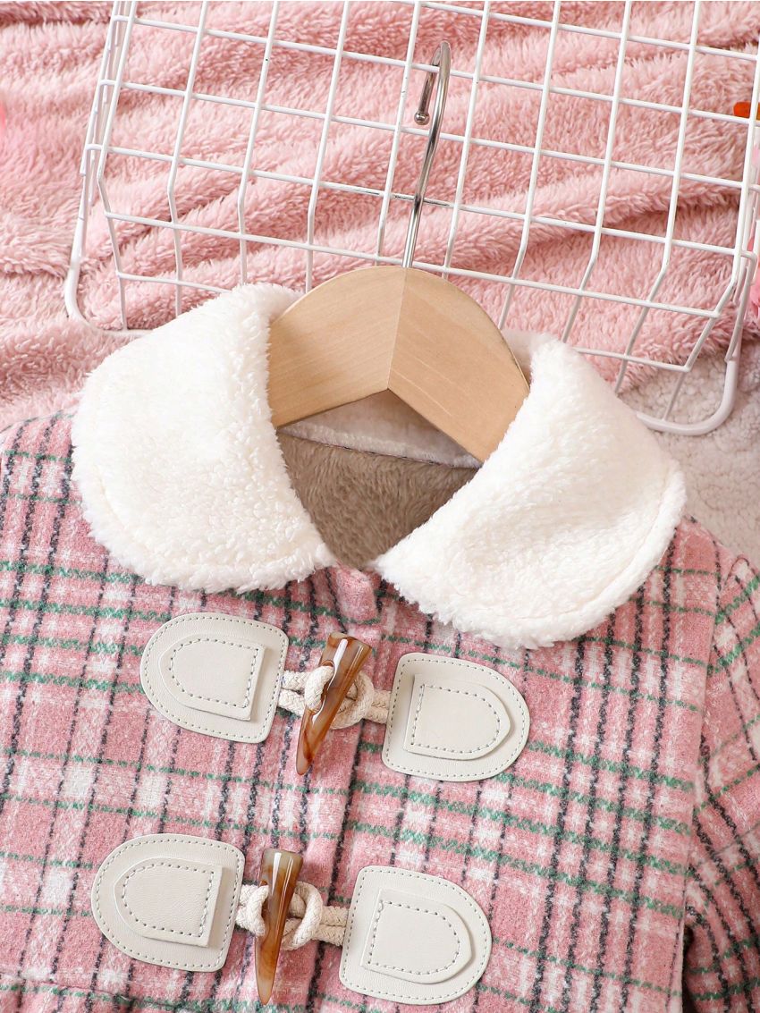 SHEIN Kids FANZEY Young Girl Plaid Print Borg Collar Duffle Overcoat