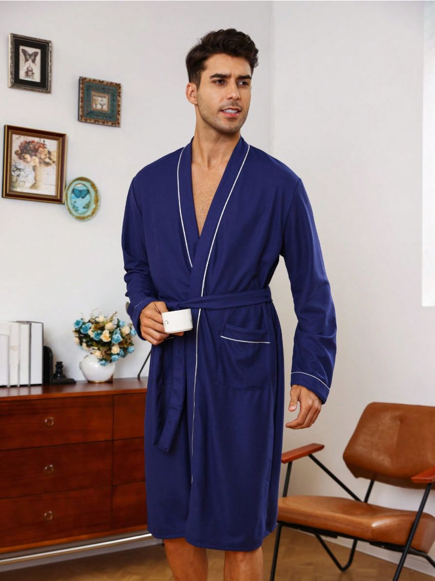 Men Contrast Piping Dual Pocket Belted Robe