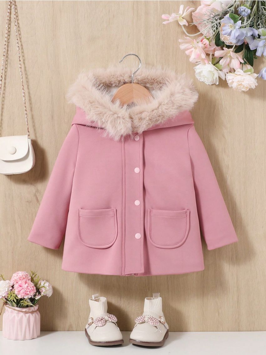 SHEIN Baby Girls' Casual Faux Suede Thickened Fleece Lined Hooded Coat With Collar, Pink