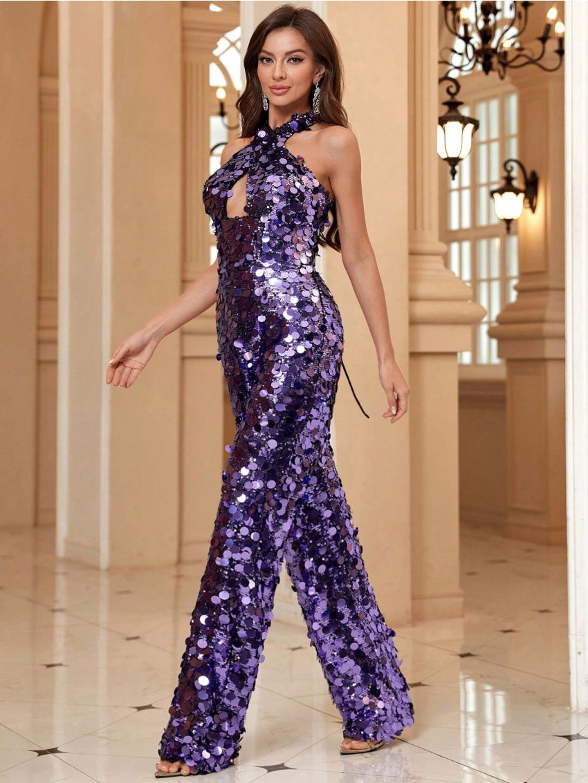 SHEIN Belle Sparkly Party Jumpsuit With Crossed Shoulder Straps, Front Hollow Out Detail And Back Tie