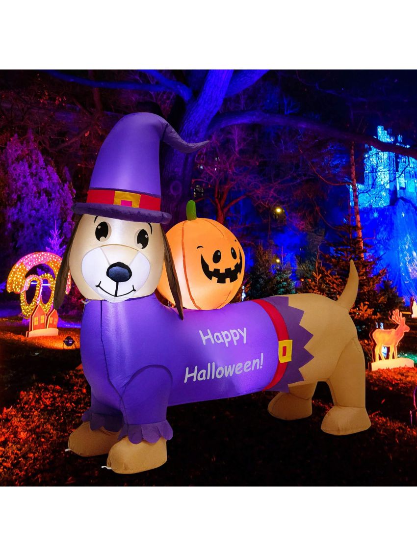 Gymax 5FT Inflatable Halloween Dachshund Dog & Ghost Pumpkin Holiday Decor w/ LED Lights