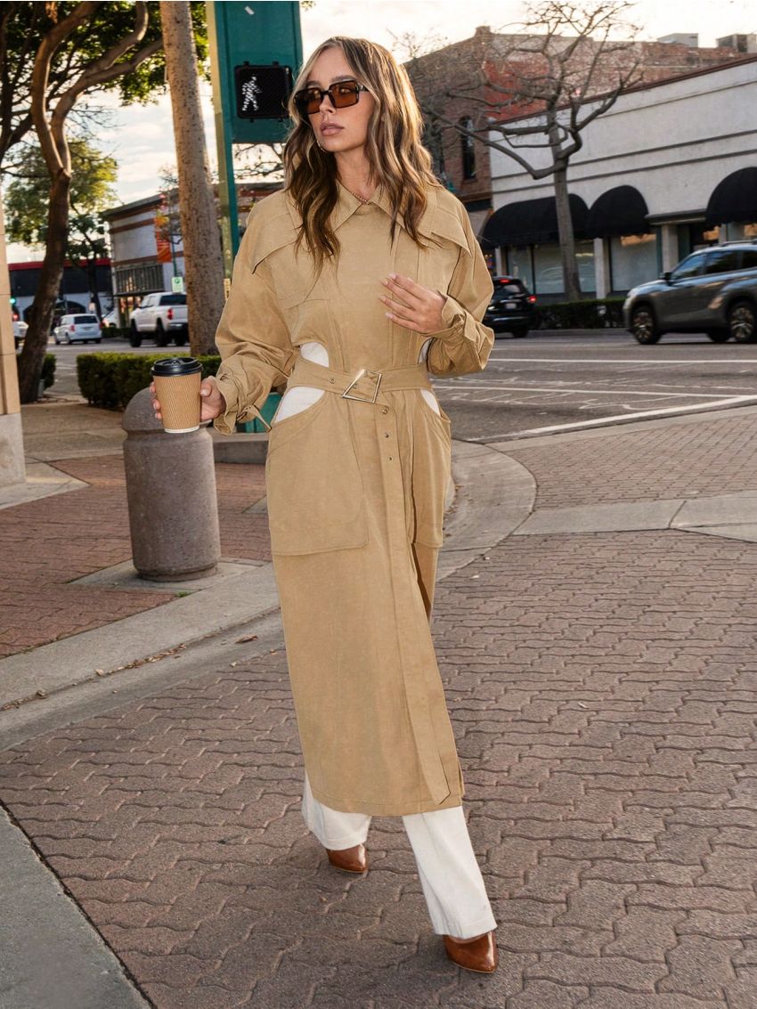 GYZ Cut Out Buckle Belted Trench Coat