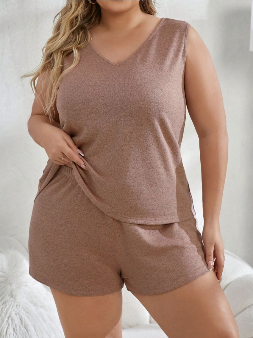Plus Size V-Neck Tank Top And Shorts Casual Sleepwear Set