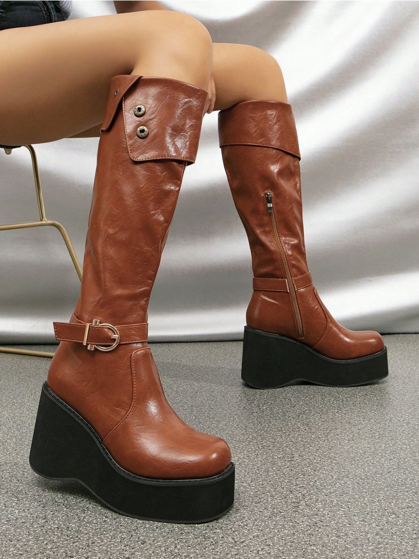 Western Cowgirl Knee High Platform Chunky Heel Riding Boots For Women