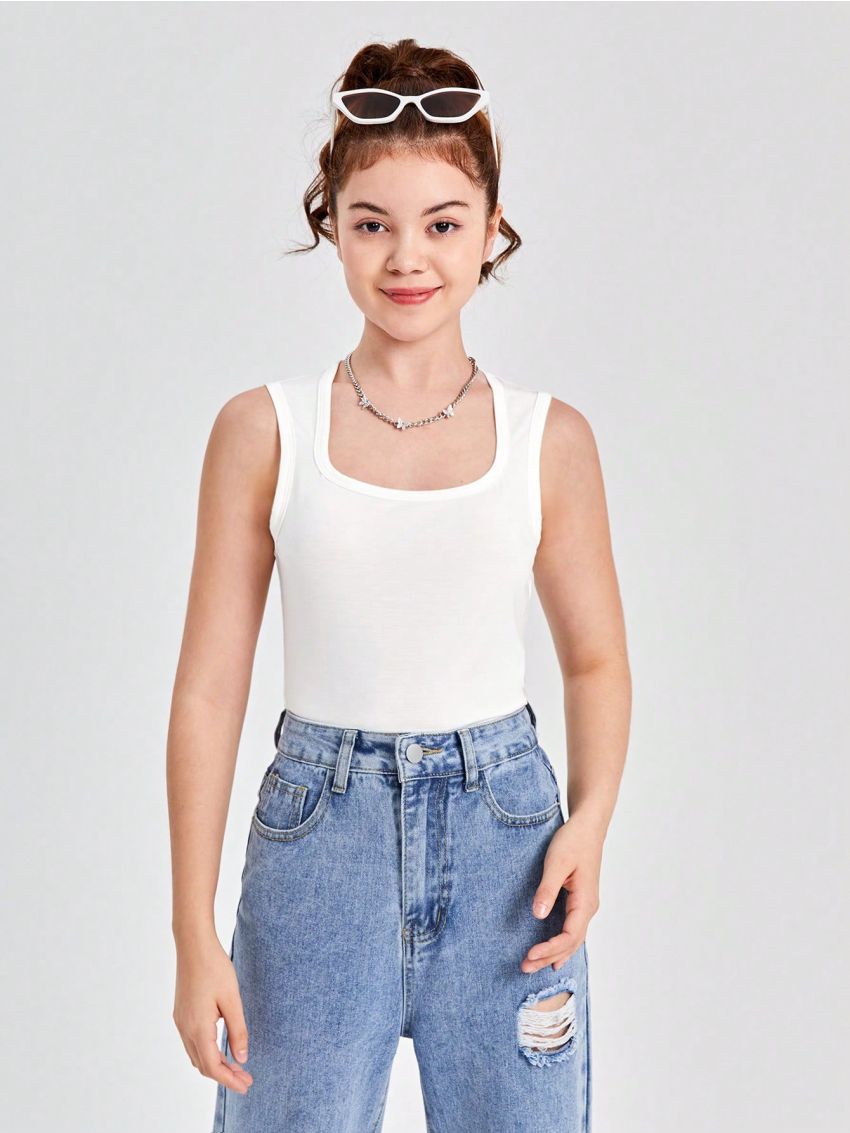 SHEIN Teenage Girls' Knitted Solid Color Leisure Square Neck Vest 3pcs Set