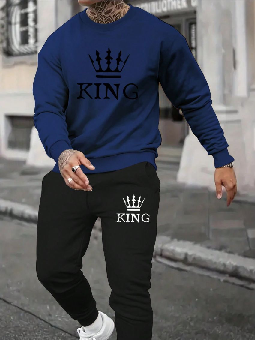 Men's Letter & Crown Printed T-shirt And Sweatpants Set