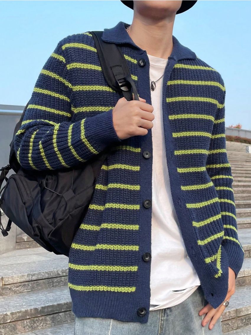 Men's Striped Button-up Cardigan