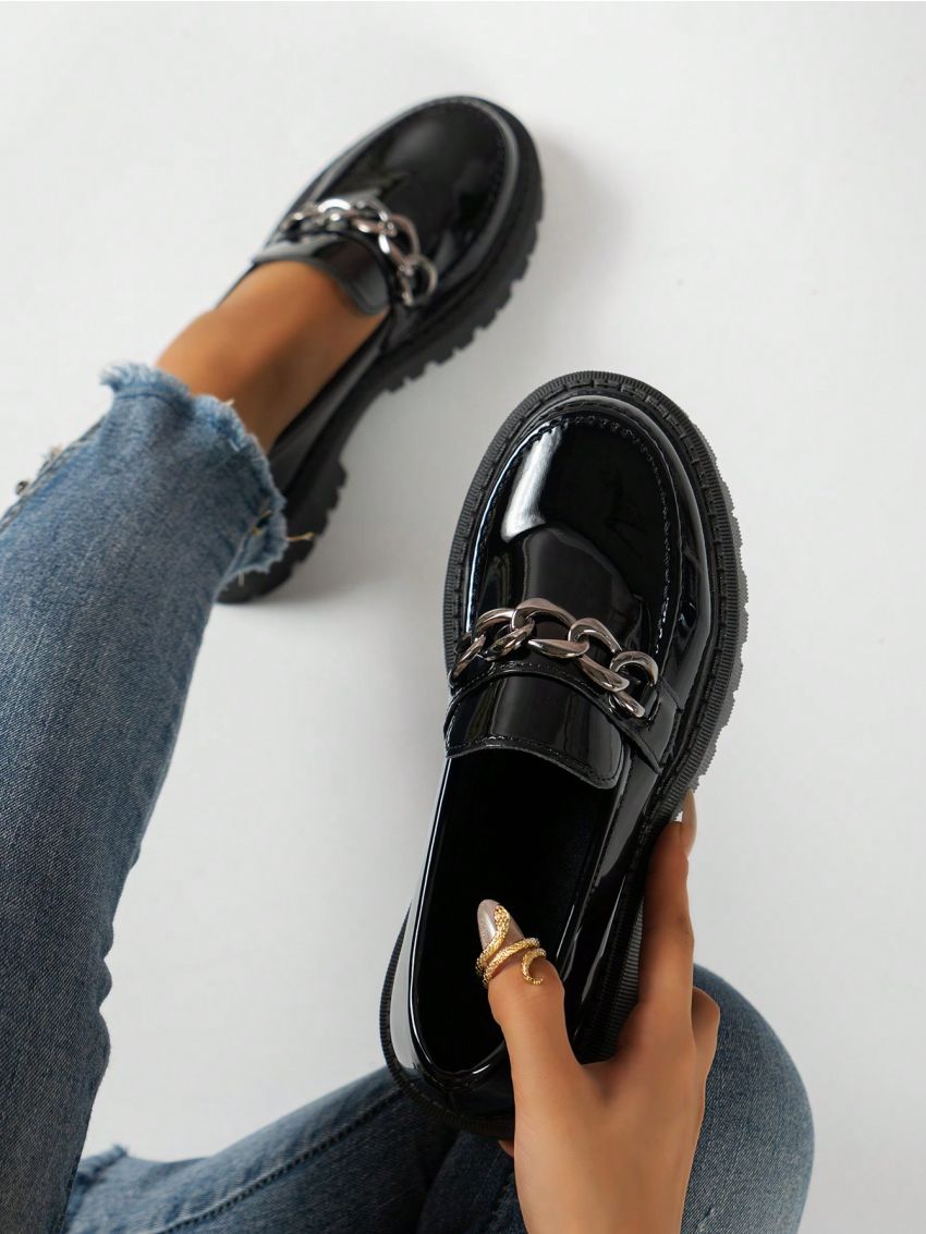 Thick Bottom Light Loafers For Women, New Fall Winter 2023 Mary Jane Platform Soft Sole Round Toe Single Shoes, British Style Patent Leather Shoes, Work Commute Ol Shoes