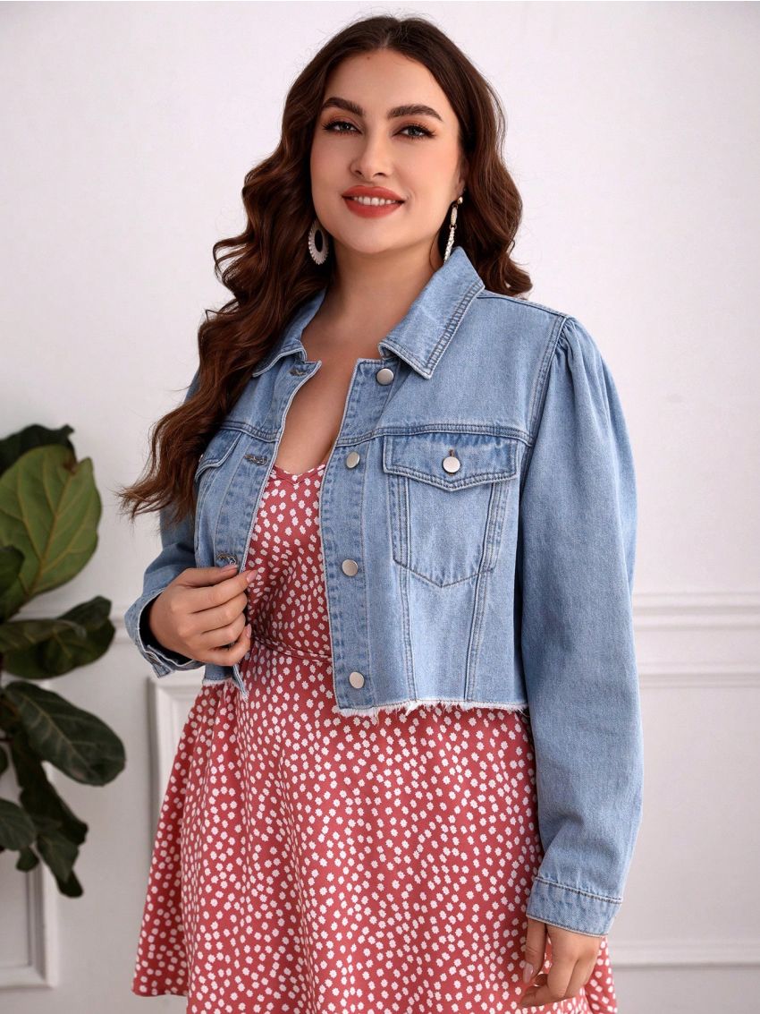 Plus Flap Pocket Raw Hem Denim Jacket