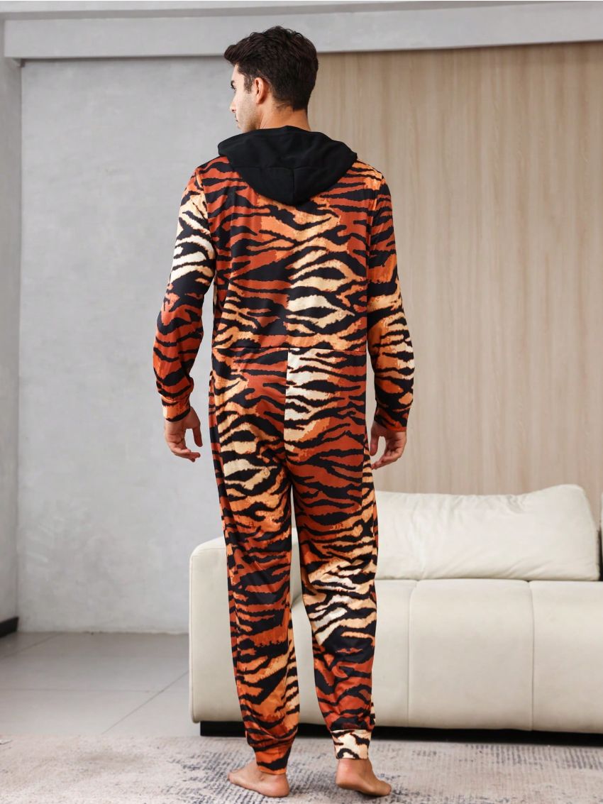 Men's Tiger Striped Zipper Hooded Homewear Jumpsuit