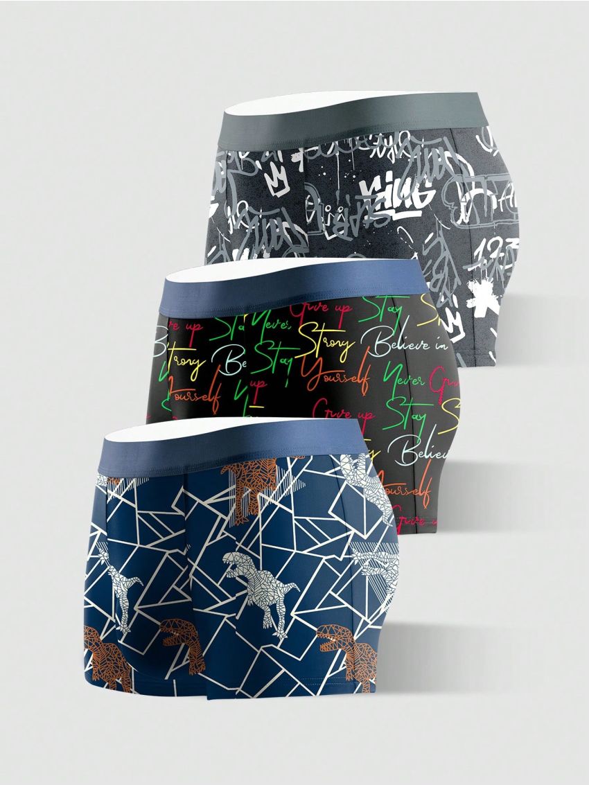 Men's Geometric And Dinosaur Printed Boxer Briefs 3-Pack