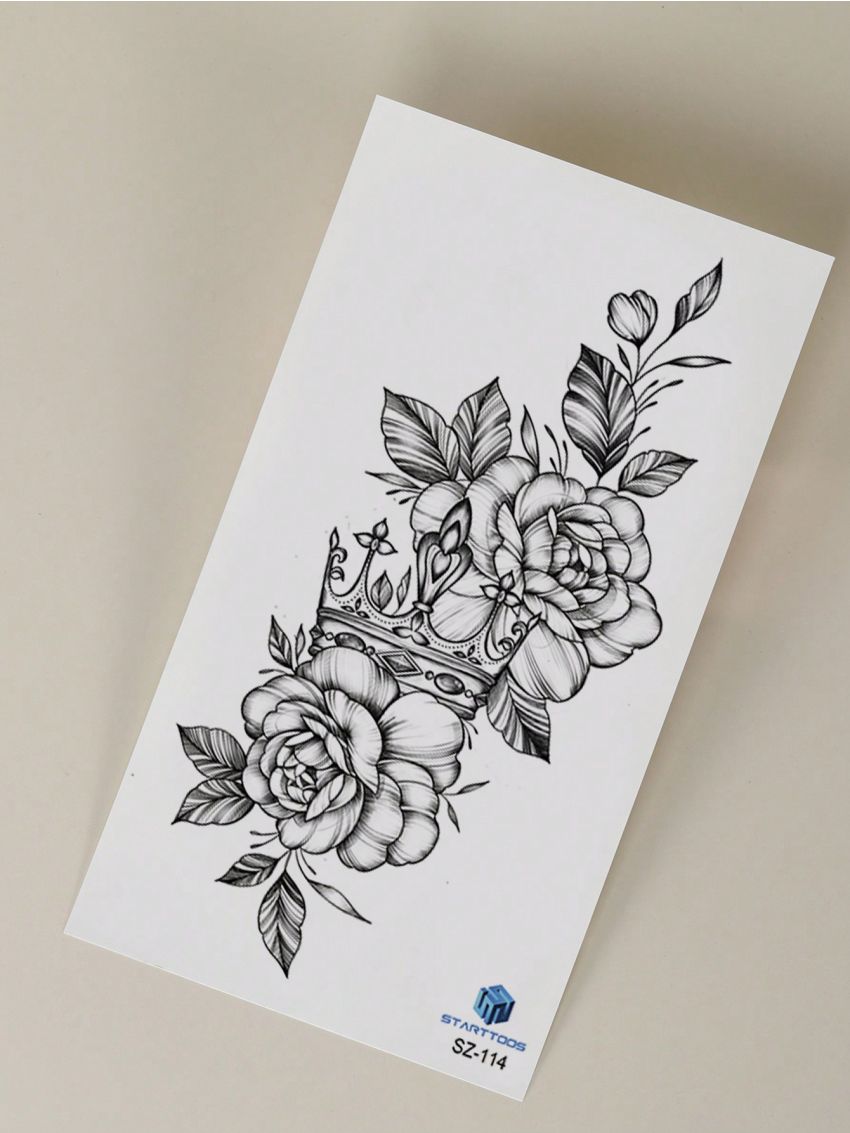 1pc Black Flower & Floral Pattern Temporary Body Tattoo Sticker For Arm, Chest, Abdomen, Back