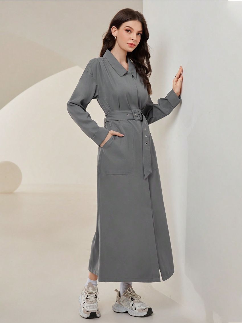 SHEIN Mulvari Women's Solid Color Drop Shoulder Belted Dress