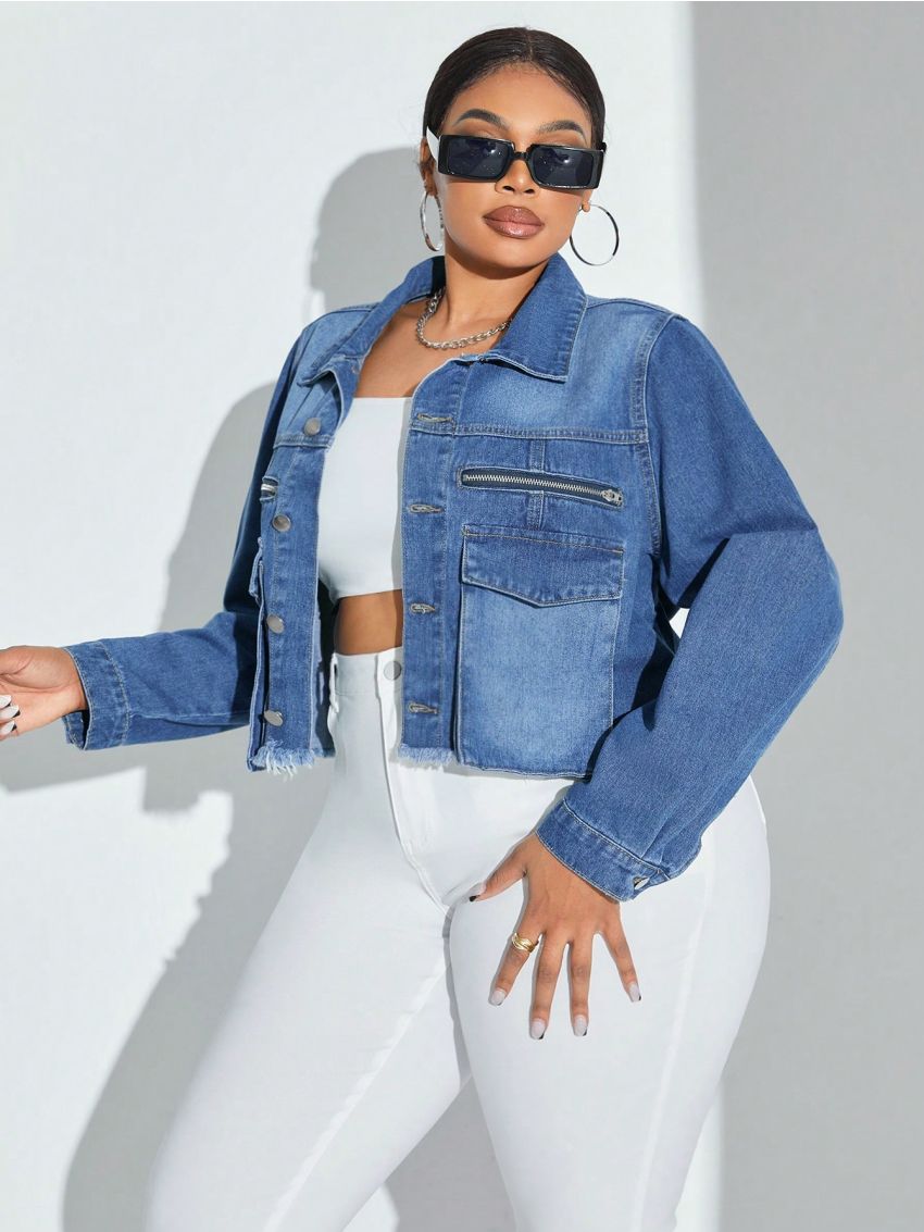 SHEIN SXY Plus Size Short Denim Jacket With Zipper & Pocket Design And Fringe Hem