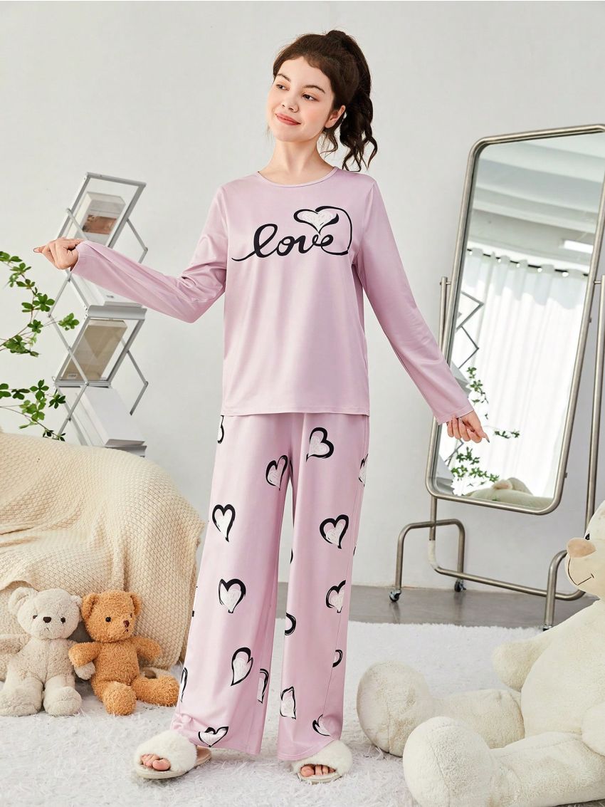 SHEIN Teenage Girls' Knitted Letter & Heart Pattern T-shirt And Long Pants Casual Home Outfit