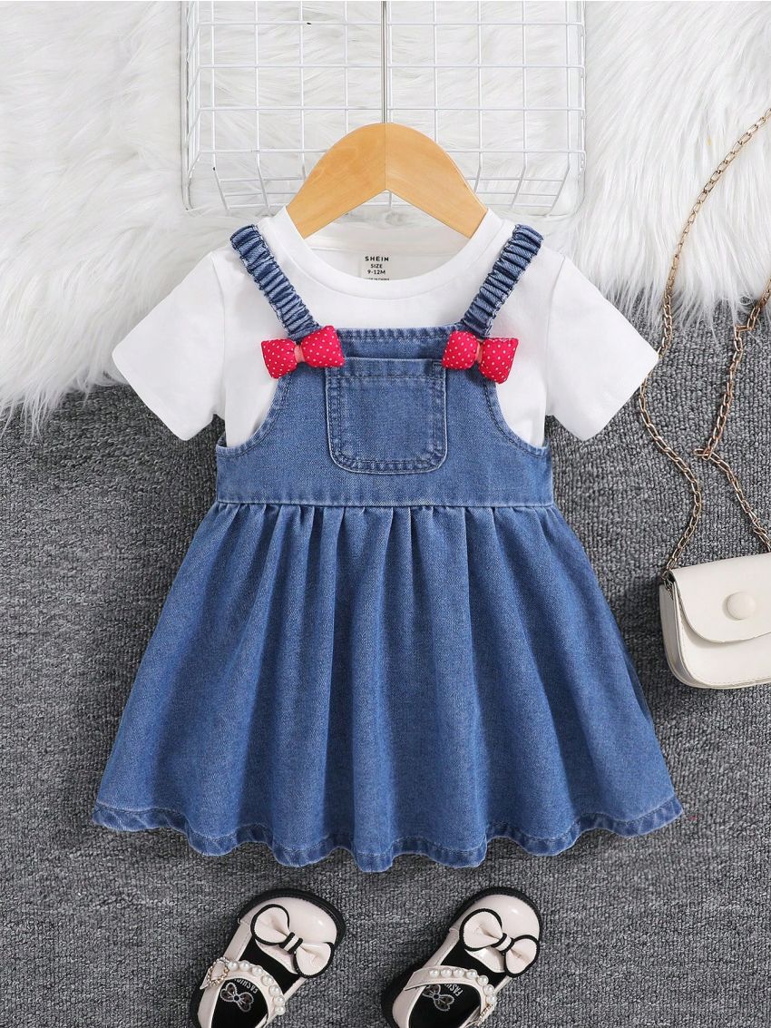 SHEIN Baby Girl's Lovely Doll Collar Denim Dress With Bowknot And Soft Washed Fabric