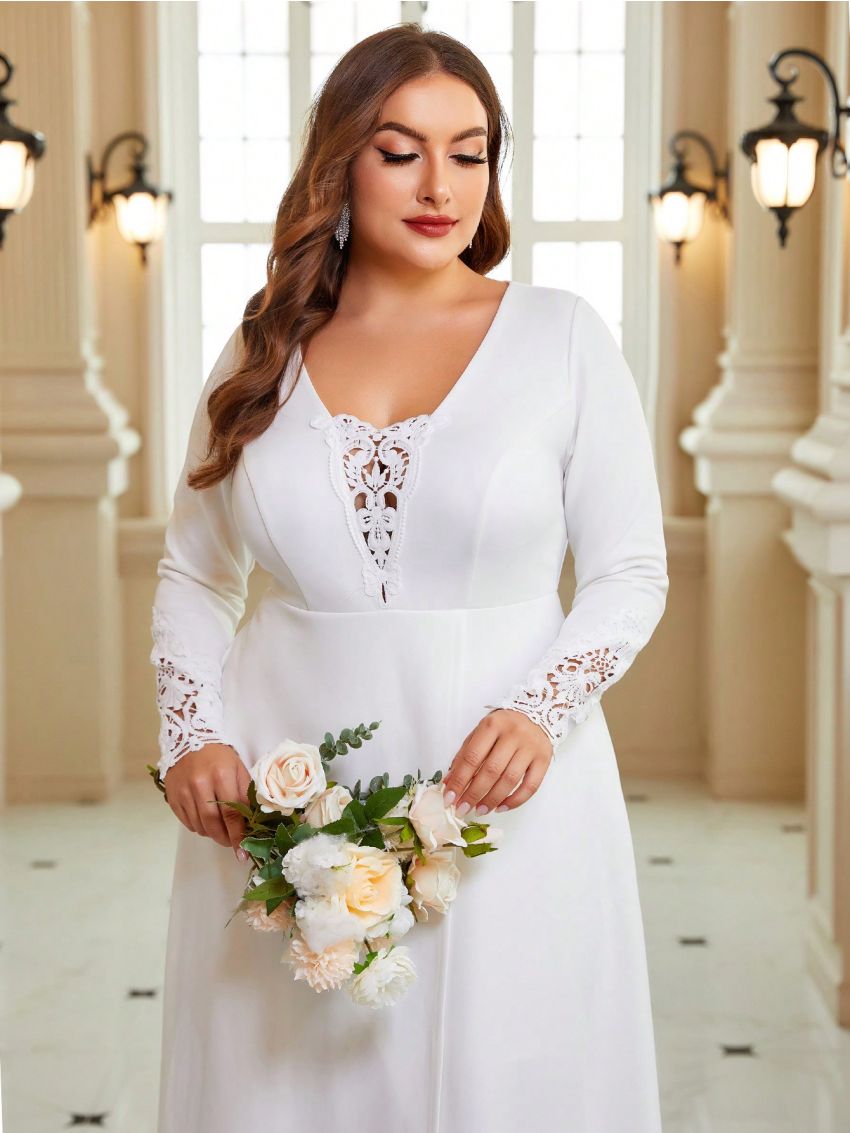 SHEIN Belle Plus Guipure Lace Insert Split Thigh Wedding Dress