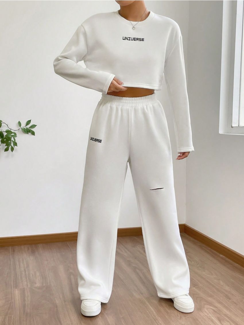 SHEIN EZwear Letter Graphic Drop Shoulder Crop Tee & Ripped Wide Leg Pants