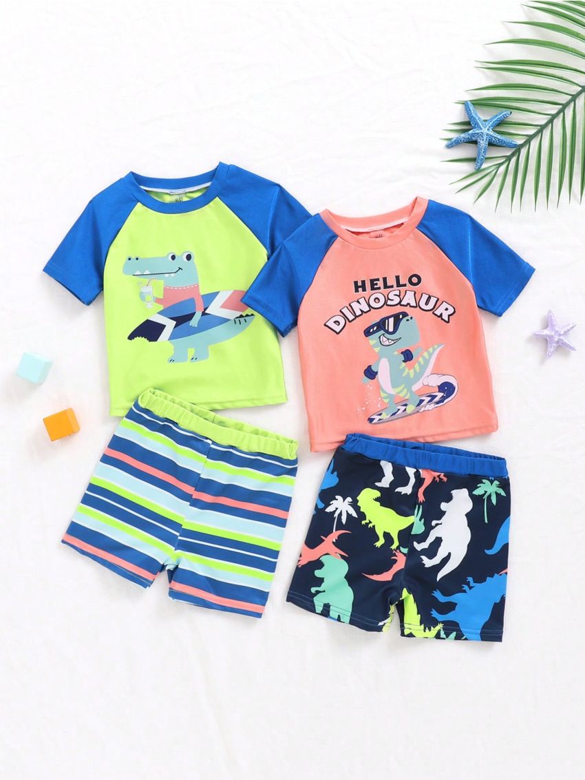 SHEIN Baby Boy Casual Holiday Style Cartoon Dinosaur Pattern Colorblock Short Sleeve Rash Guard And Striped Shorts Set