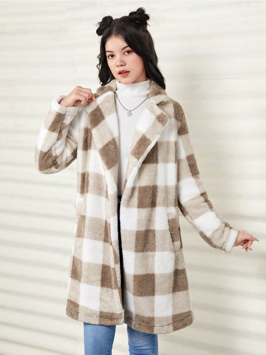 SHEIN Teen Girl Buffalo Plaid Print Lapel Neck Fuzzy Coat