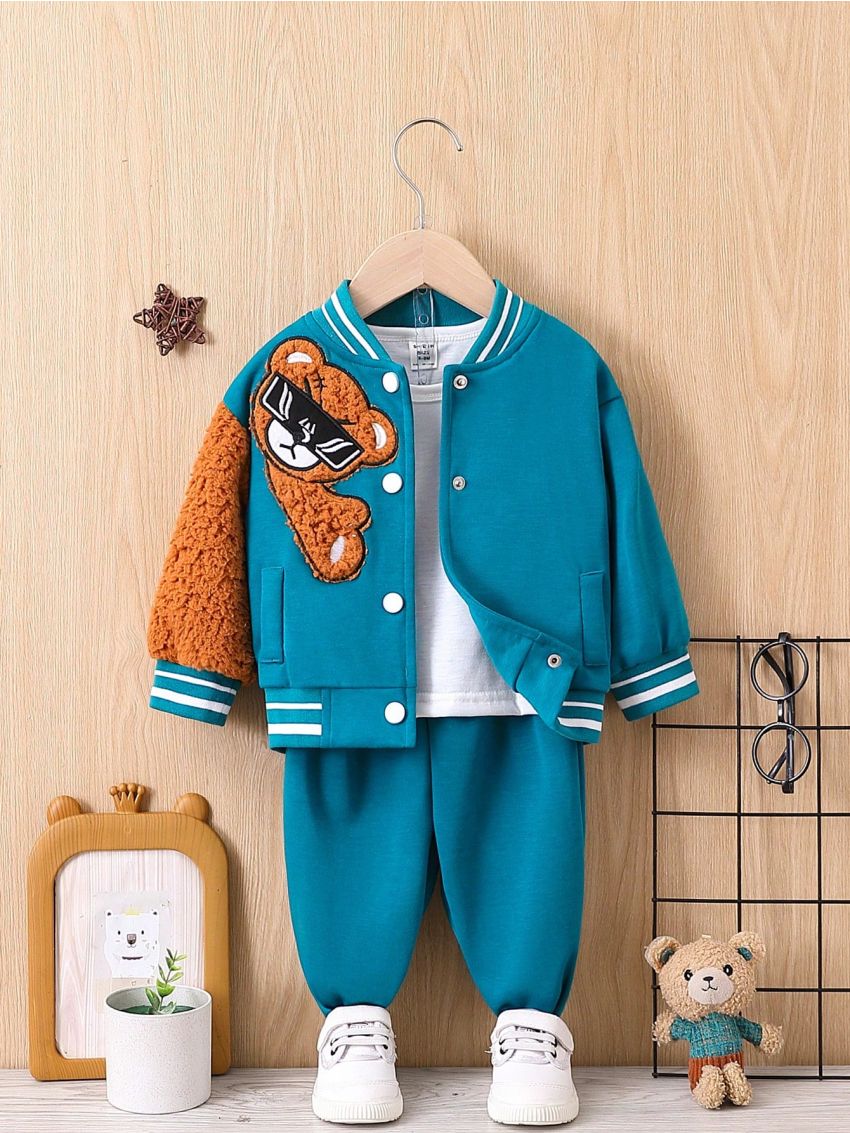 Baby Boys' Teddy Applique College Style Jacket And Long Pants Outfits