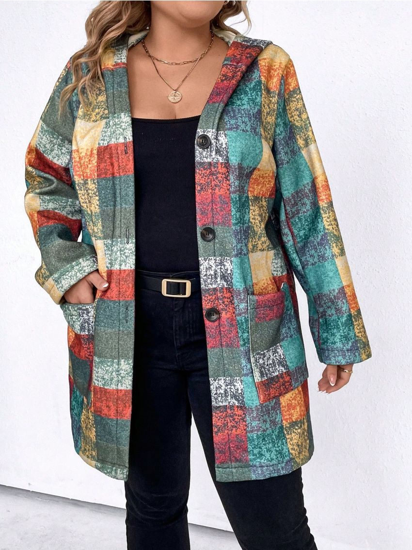 SHEIN LUNE Plus Size Color Block Grid Pattern Hooded Casual Woolen Coat