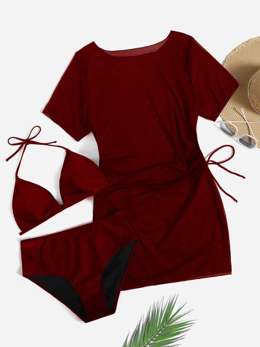 3pack Plus Solid Halter Triangle Bikini Swimsuit & Cover Up