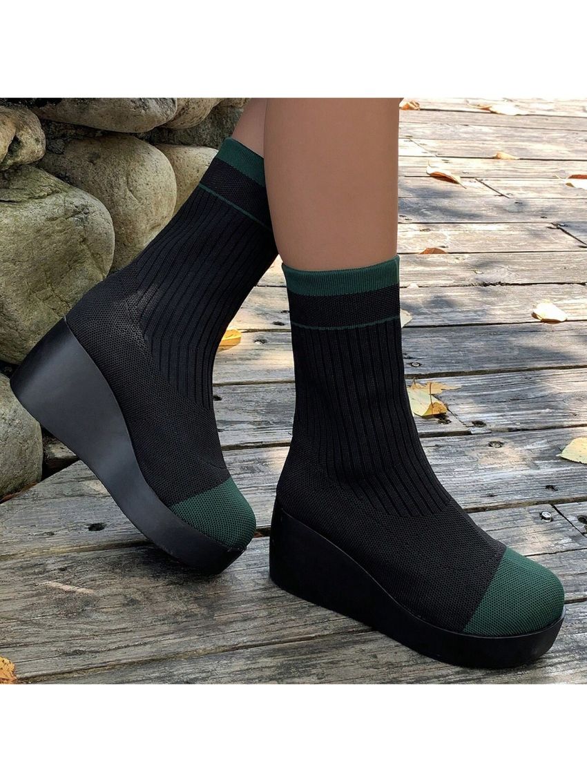 Women's Knitted Sock Boots With Color Blocking And Wedge Heel, Autumn And Winter