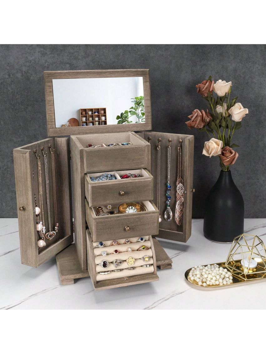 Jewelry Box for Women, Rustic Wooden Jewelry Boxes & Organizers with Mirror, 4 Layer Jewelry Organizer Box Display for Rings Earrings Necklaces Bracelets