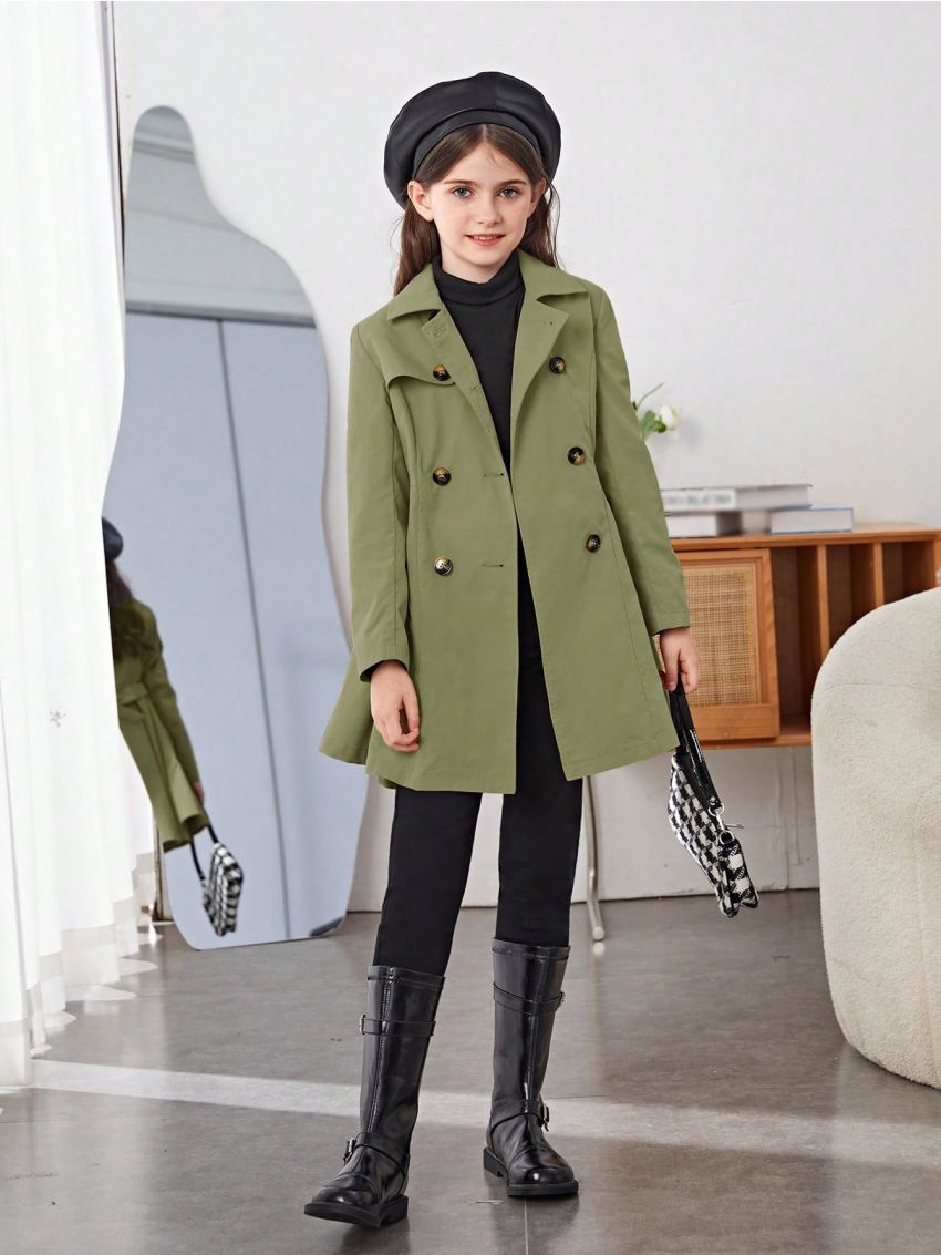 SHEIN Tween Girl 1pc Double Breasted Fold Pleated Belted Trench Coat