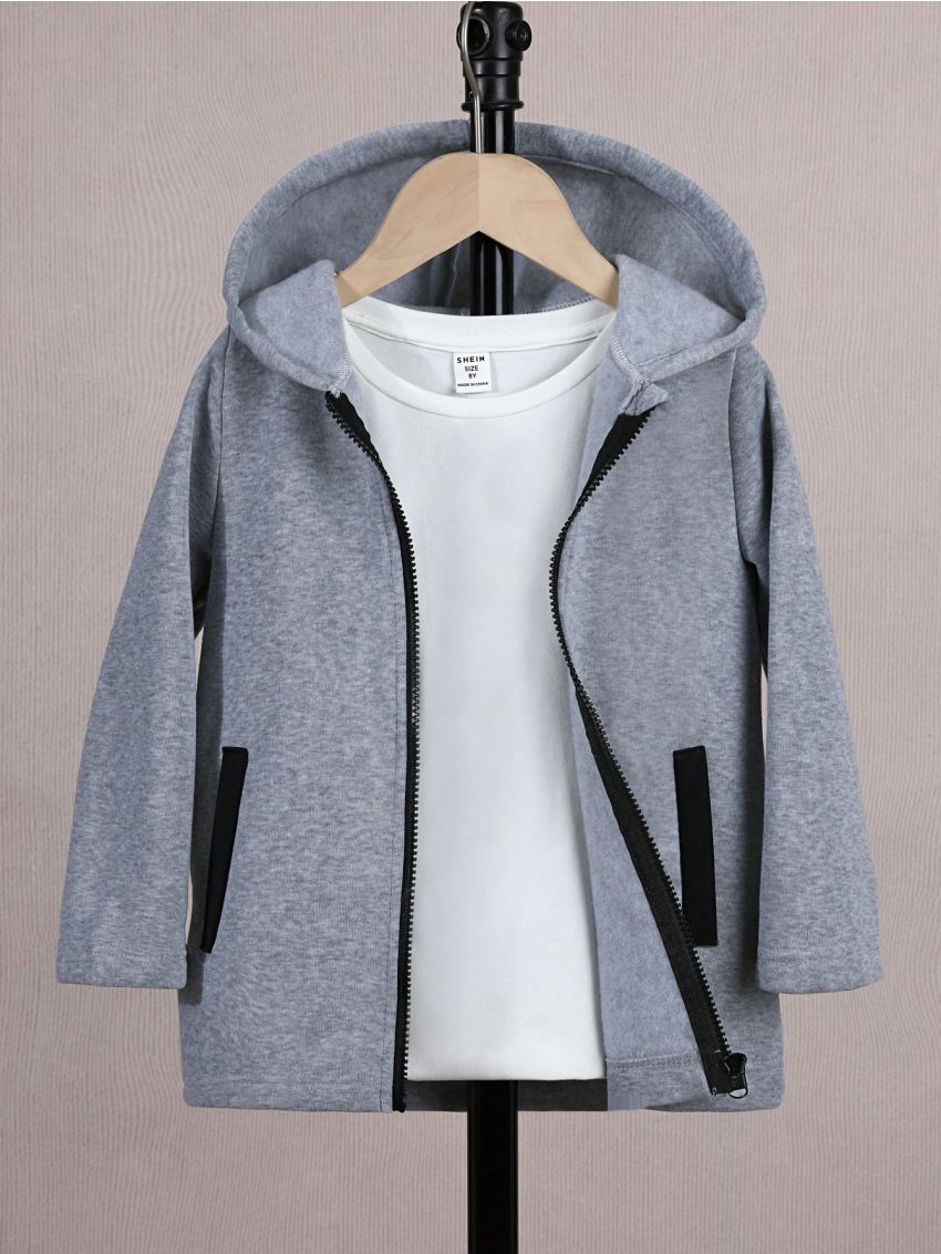 SHEIN Kids Cooltwn Toddler Boys' Casual Hooded Warm Sports Jacket For Autumn And Winter