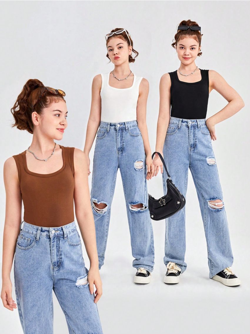 SHEIN Teenage Girls' Knitted Solid Color Leisure Square Neck Vest 3pcs Set