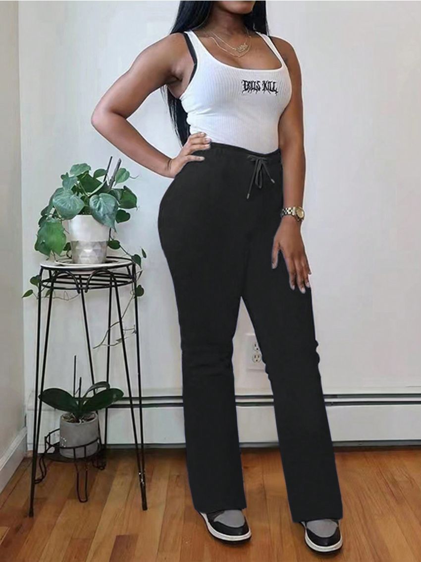 Women's Plus Size Drawstring Waist Black Straight Pants