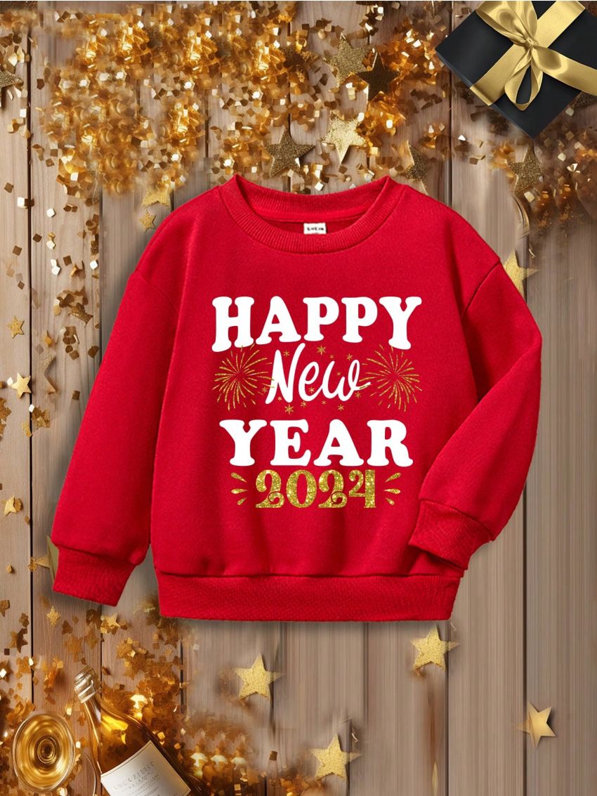 Young Girls' Casual Long Sleeve Round Neck Sweatshirt With New Year Pattern, Suitable For Autumn And Winter