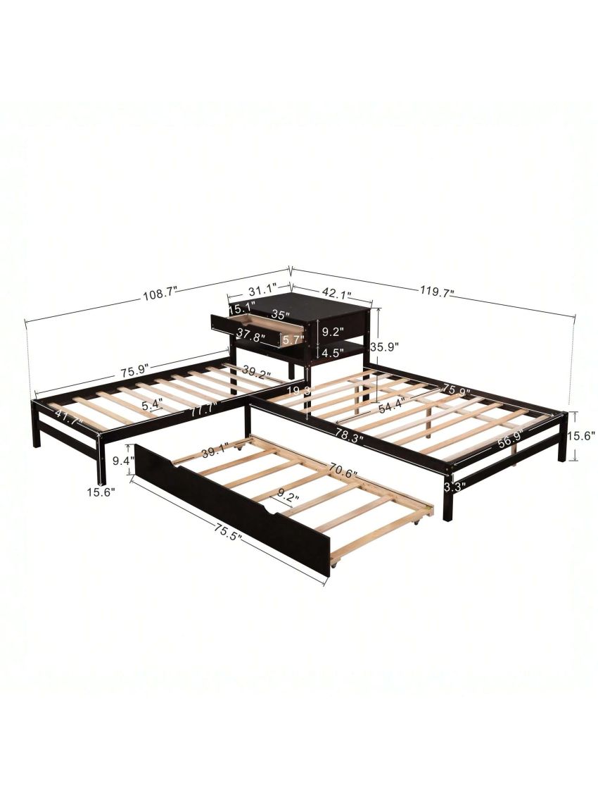 MISSUNNY L-Shaped Full Size and Twin Size Platform Beds with Twin Size Trundle and Drawer Linked with Built-in Rectangle Table,Espresso