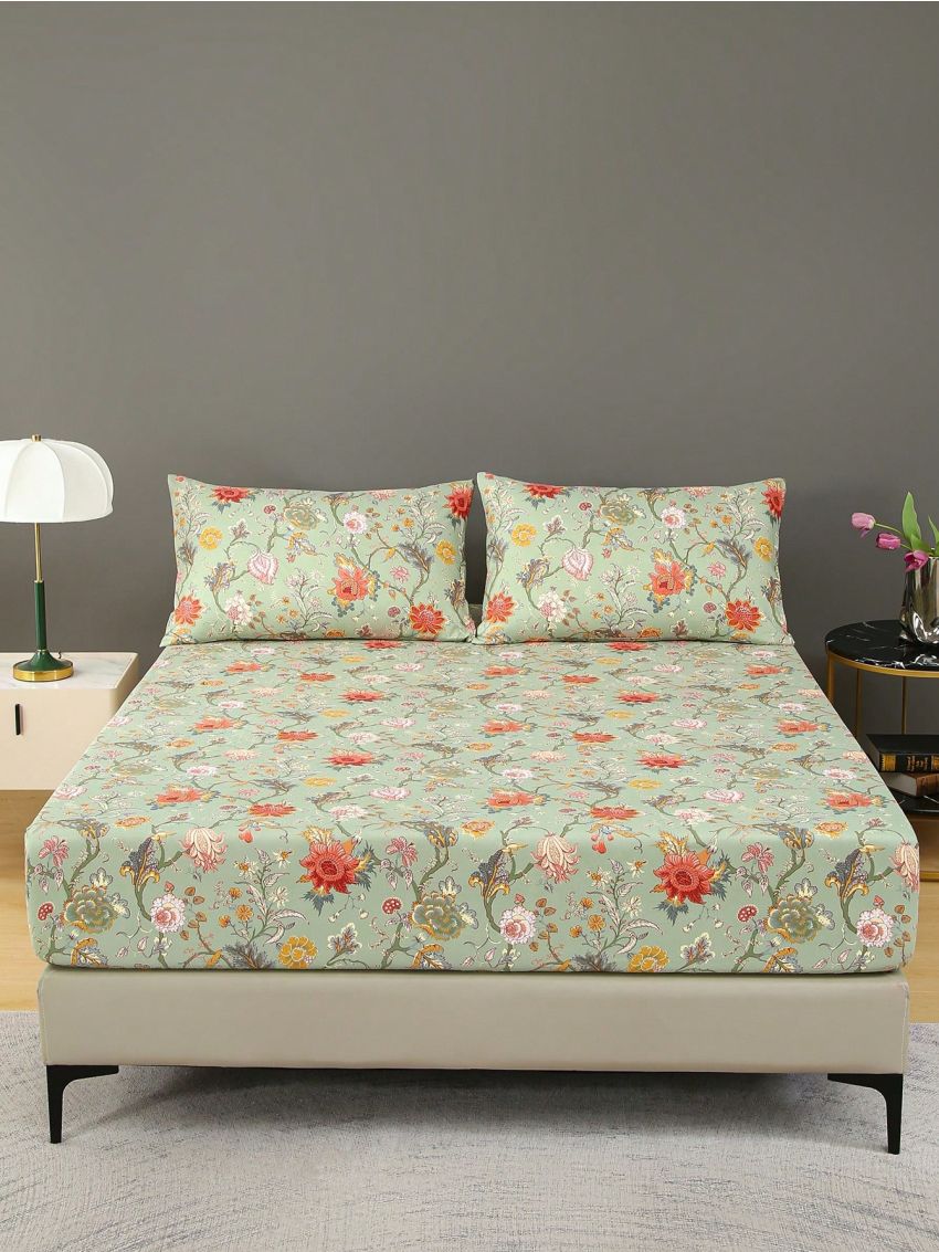 3pcs Fitted Sheet Set, 90g Polyester Flannelette, Plant And Floral Element Patterns, 1 Fitted Sheet And 2 Pillowcases