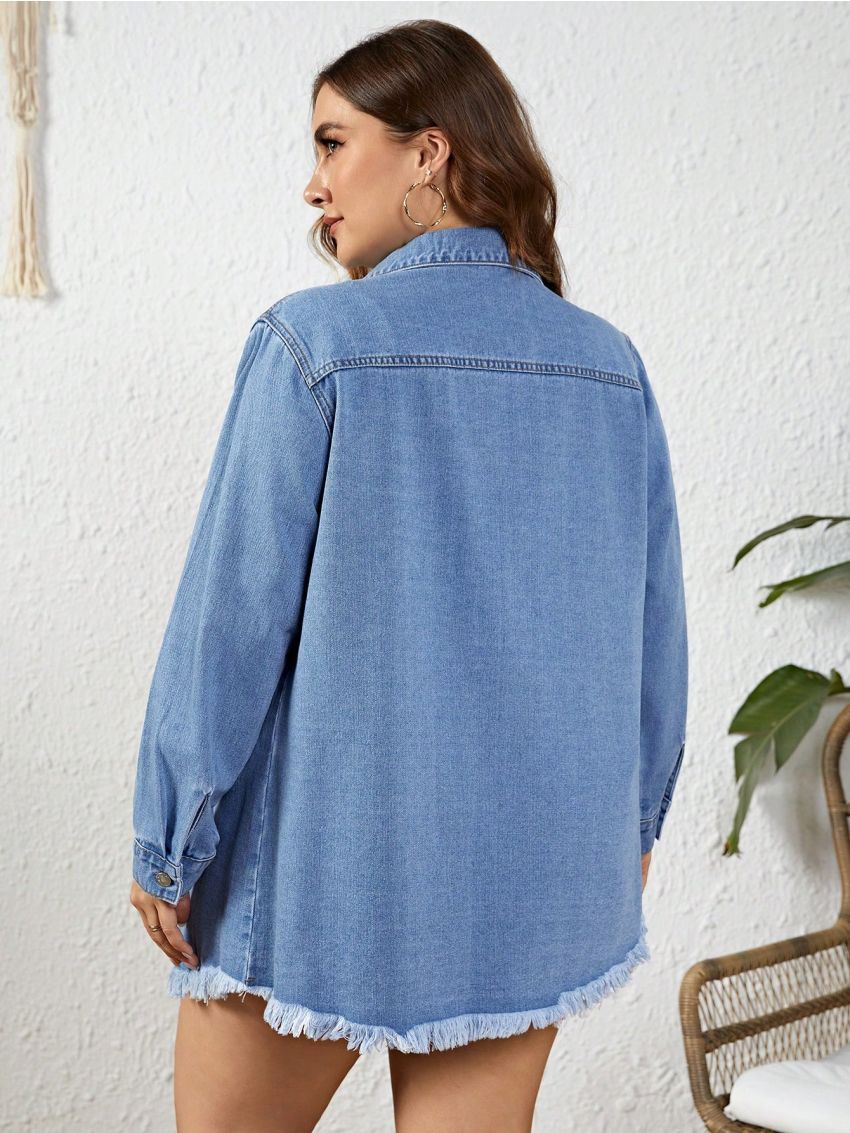 Plus Size Women'S Long Sleeve Frayed Hem Denim Jacket