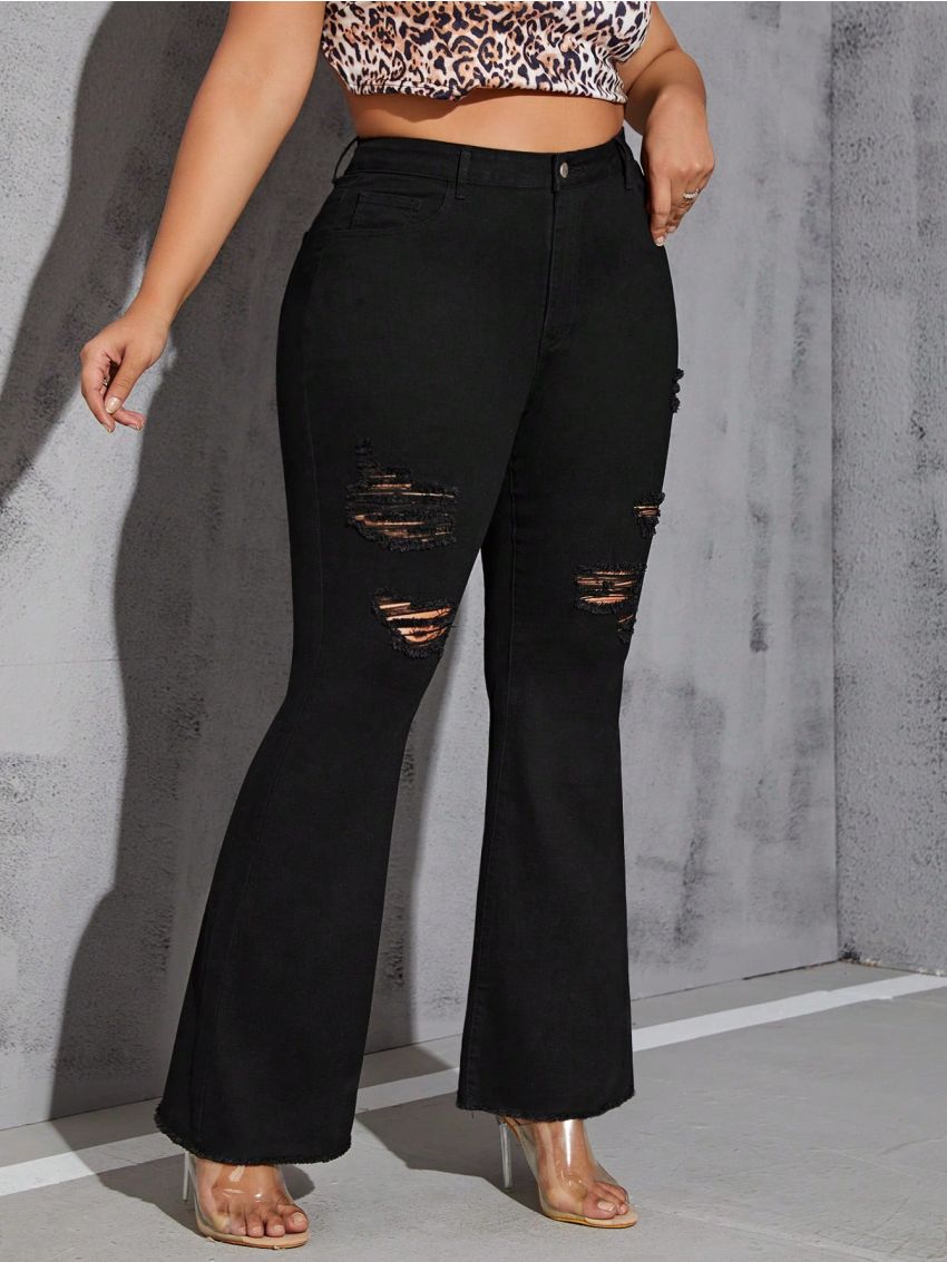 SHEIN SXY Plus Size Women's Distressed Flared Jeans