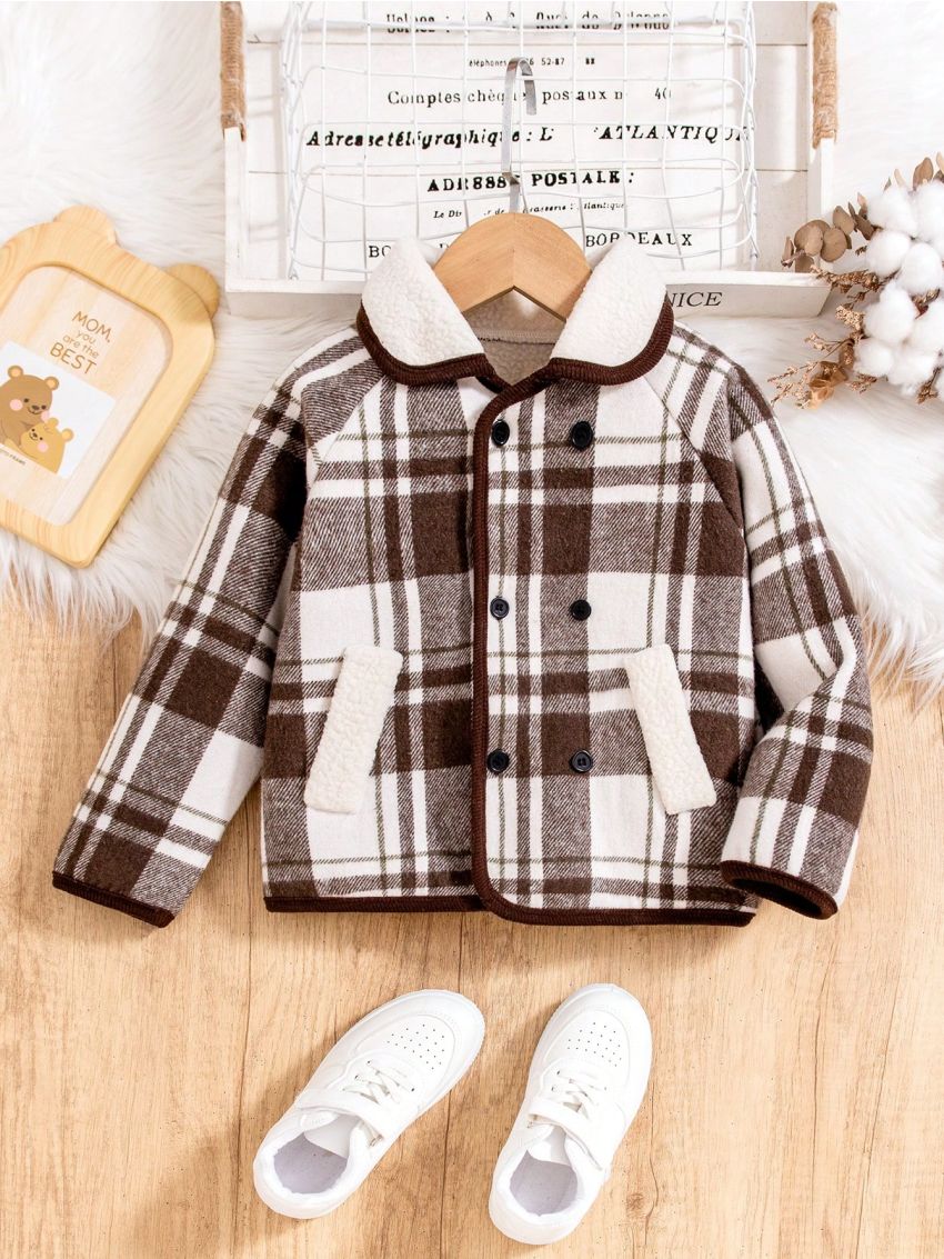 SHEIN Kids EVRYDAY Boys' Checked Plaid Insert Padded Jacket With Raglan Sleeves