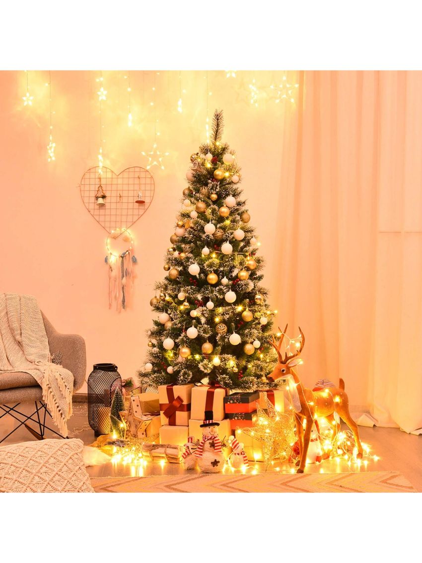 Gymax 6 FT Artificial Christmas Tree Snow Flocked Hinged Tree w/ Red Berries