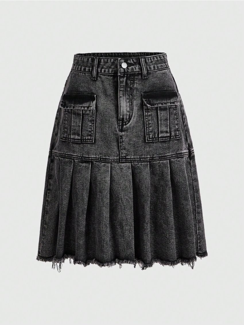 ROMWE Grunge Punk Solid Flap Pocket Raw Edge Pleated Denim Skirt