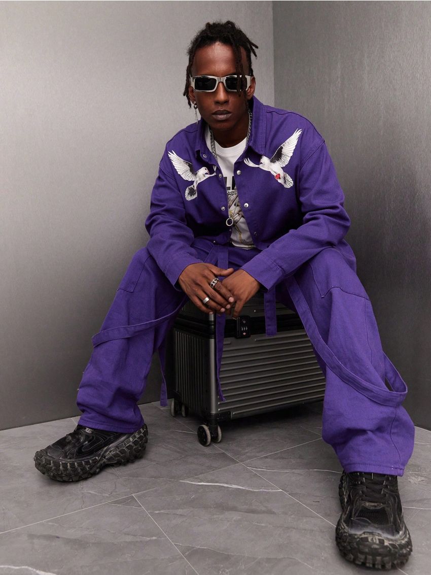 Men's Pigeon & Letter Printed Denim Shirt