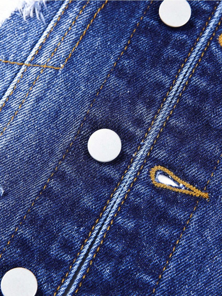 Toddler Boys' Denim Jacket With Letter & Little Bear Print And Distressed Detailing