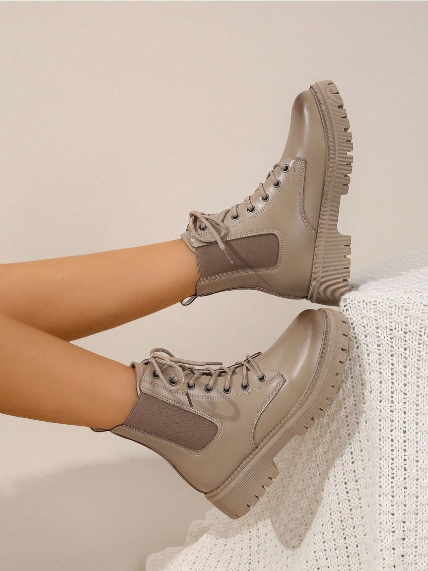 Women's Khaki Fashionable Classic Round Toe Lace-up Plus Size Boots