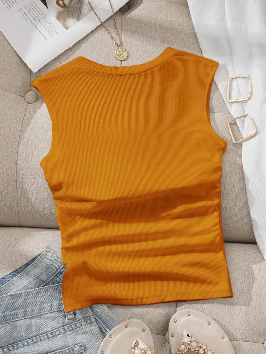 SHEIN EZwear Women's Solid Color Ribbed Knit Side Pleated Tank Padded Tube Top,Basic Tank Top Bra In Spring And Summer