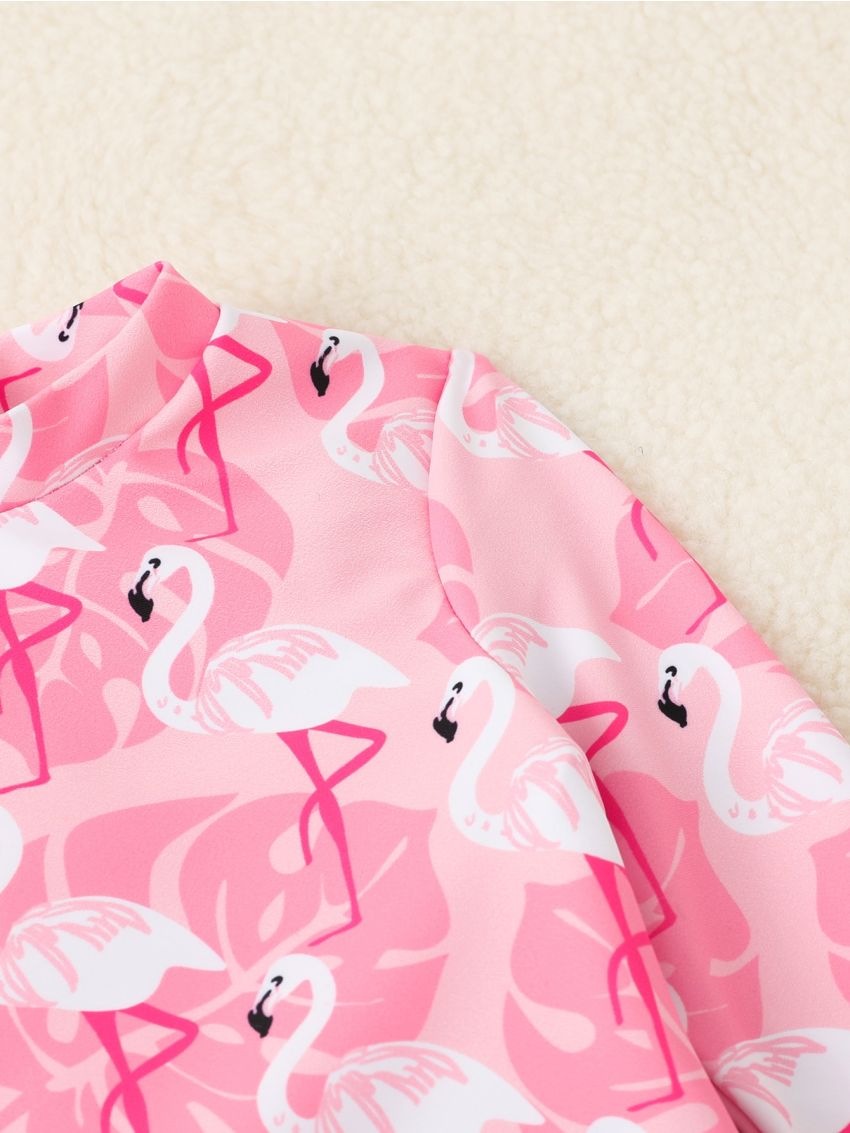 Baby Girl Flamingo Print Striped One Piece Swimsuit With Swim Cap